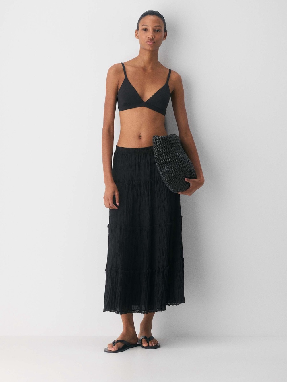 Little Moon Aritzia Damasque Skirt Black Maxi Tiered Lined Elastic Waist Lace
